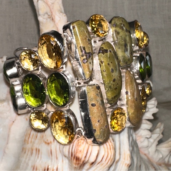 Magestic Stichtite + Peridot gemstone cluster statement bracelet